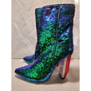 Cape Robbin Mermaid Sequin Mid Calf Booties Ankle Boot Heel Side Zip Size 8M